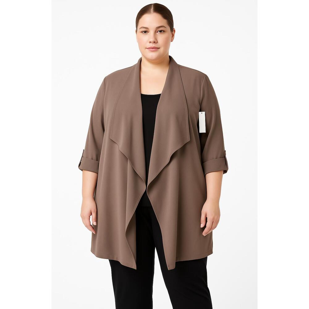 NWT Max Studio Plus Size 2X Brown Drape Front 3/4 Sleeves Rolled Cuff Open Front